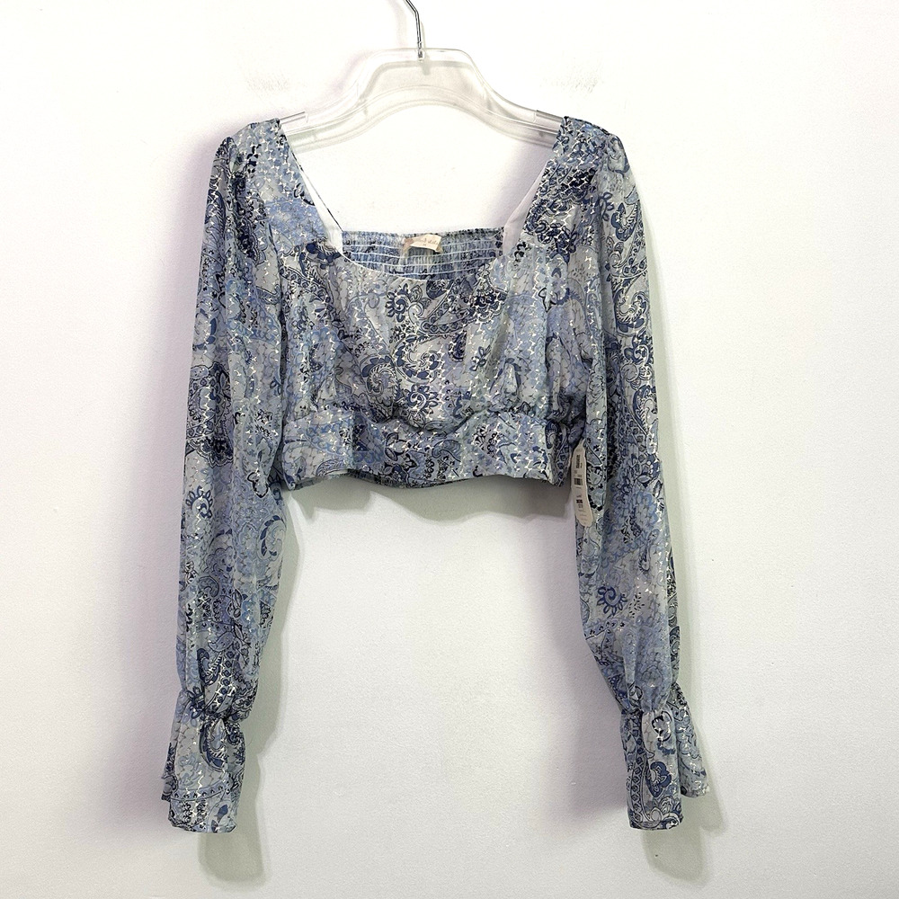 Altard State‎ Crop Top Shirt M Chiffon Smocked Back Long Sleeve Blue Paisley NEW